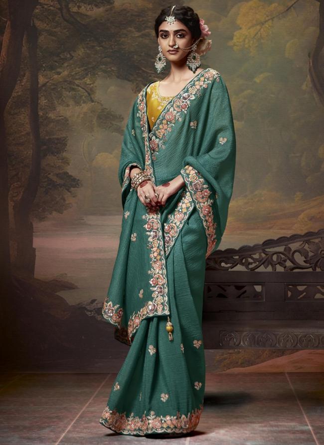 Fancy Teal Party Wear Embroidery Work Saree